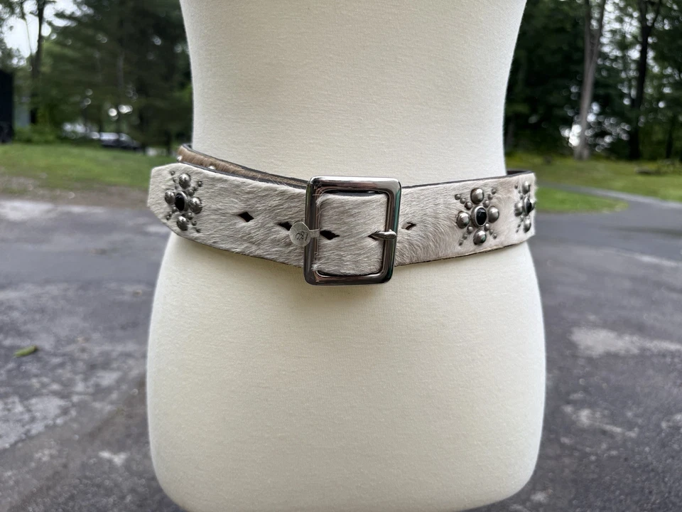 Unisex Black White Joed Hair On Leather Stars Studded Belt Size 32 Vint Upcycle - Image 4 of 4