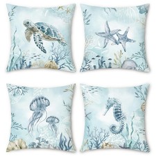 Set of 4 Coastal Blue Cushion Covers 45 x 45 cm Sea Turtle Seahorse Starfish Bea
