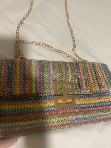 Neutral Rainbow Woven Shoulder Satchel with Chain Accents Gold Hardware Clasp - Picture 5 of 5