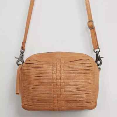 DAY AND MOOD Unica Crossbody Bag Womens Small Tan Woven Leather Detail Anthro