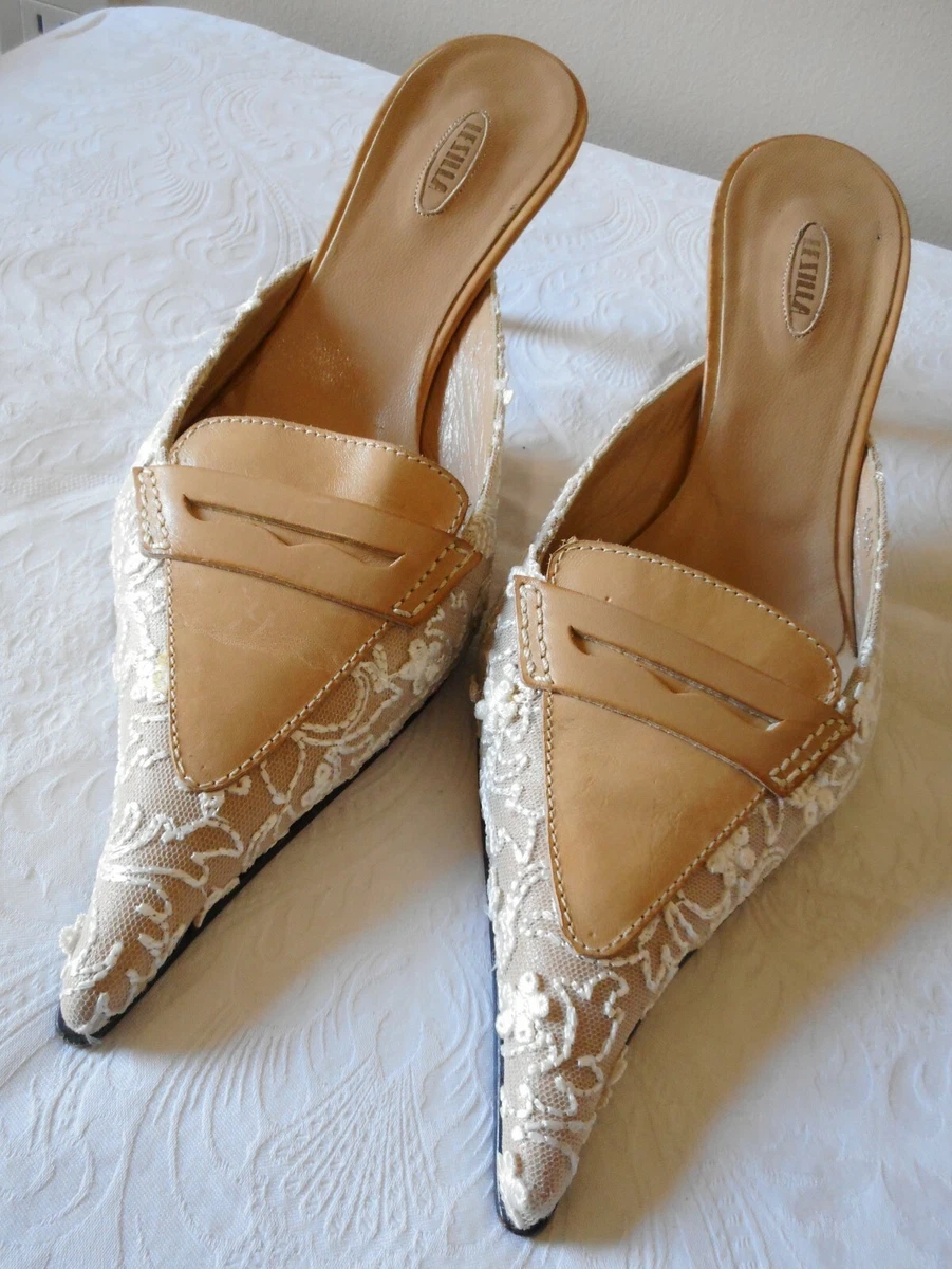 $645 LE SILLA Tan Leather Ivory Lace Kitten Heel Mules Slides Shoes IT38 US  7.5M