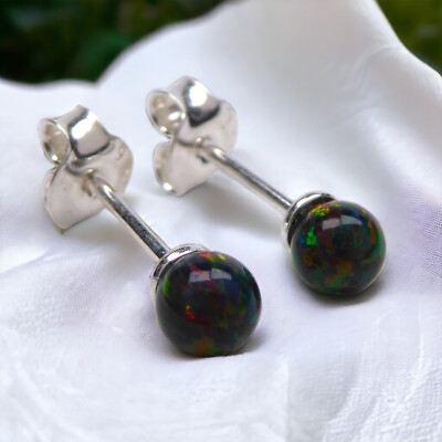 Lab Opal Perlen Ohrstecker  925 Sterling Silber  4mm (schwarz)