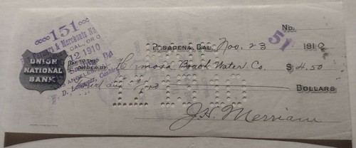 Bank Check Signed 1900_1930 by j.h.merriam famous judge 