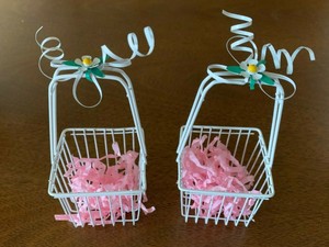 2 Vintage Small White Wire Decorative Basket With Flower Accent