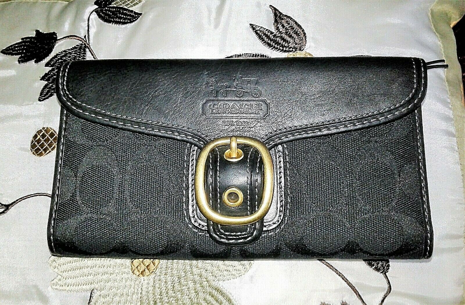 Coach Wallet TriFold Black Satin Signature Jacquard F… Gem