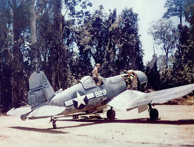 WW2 WWII COLOR Photo F4U Corsair Black Sheep VMF-214 Munda 1943