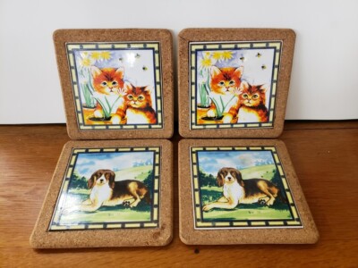 Lot of 4 Vintage Cat & Dog Ceramic Tile Kitchen Trivets with Cork Base