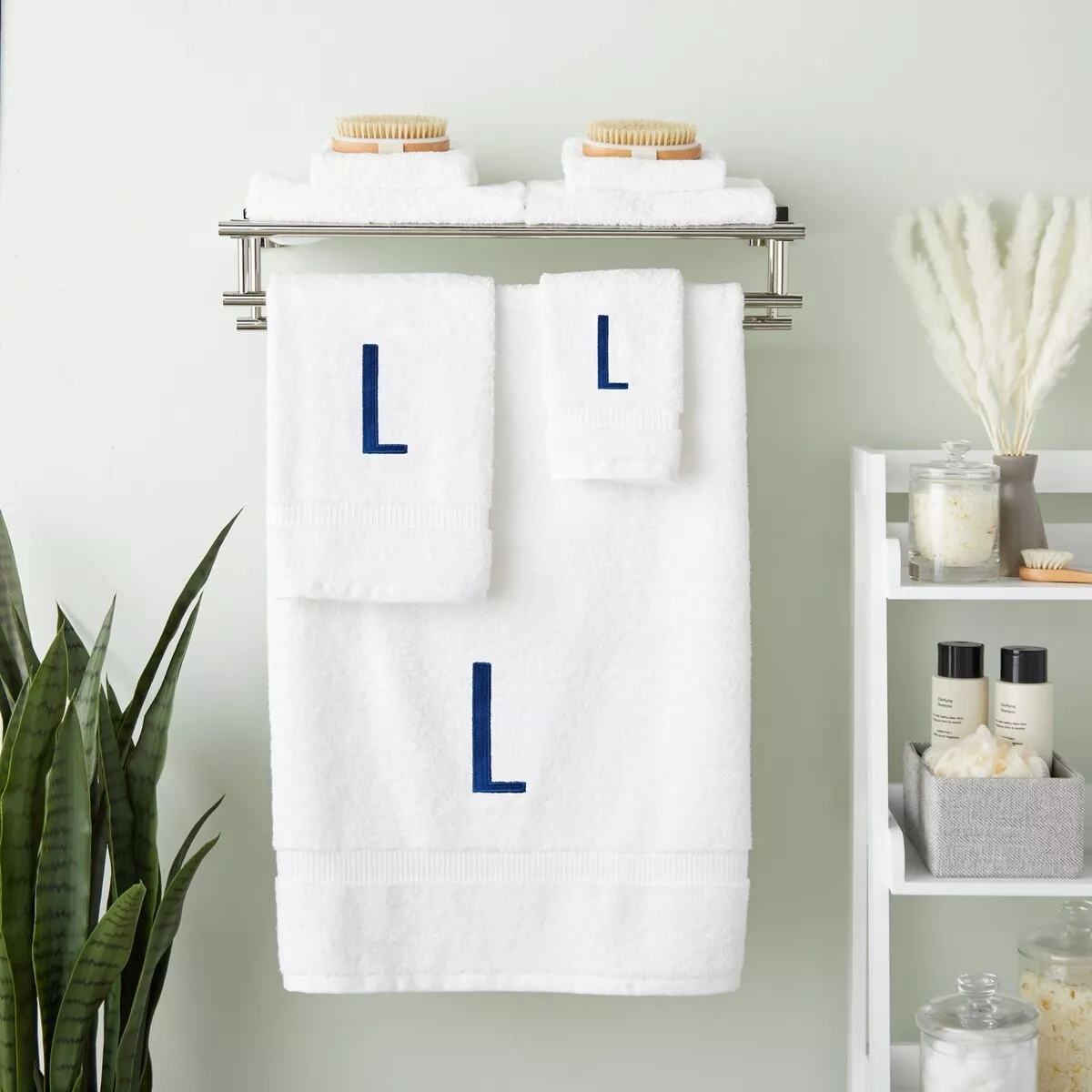3 Piece Letter L Monogrammed Bath Towels Set White Cotton with