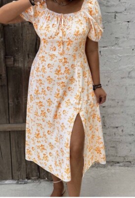 Lioness Floral Puff Sleeve Midi Dress Orange Cream size 6 | eBay