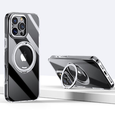 For iPhone 16 15 Pro Max 14 13 12 Clear Shockproof Case with Magnetic Ring Stand