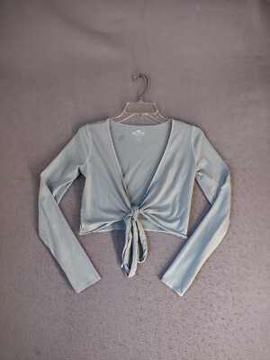 Hollister Womens Top Small Green Baby Tee Long Sleeve V Neck Solid Shirt 