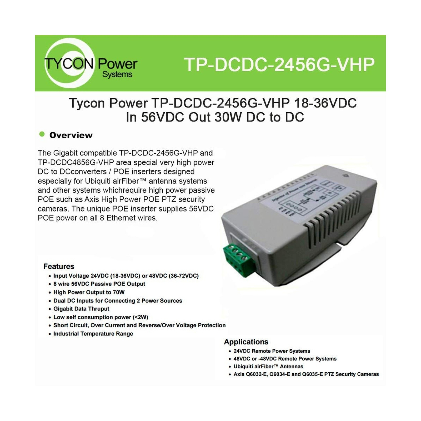 Tycon 9-36VDC In, 48VDC 802.3af Out DC To DC Converter