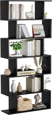 Modern 6-Tier S-Shaped Bookshelf, Black Wood Display Shelf for Home Office