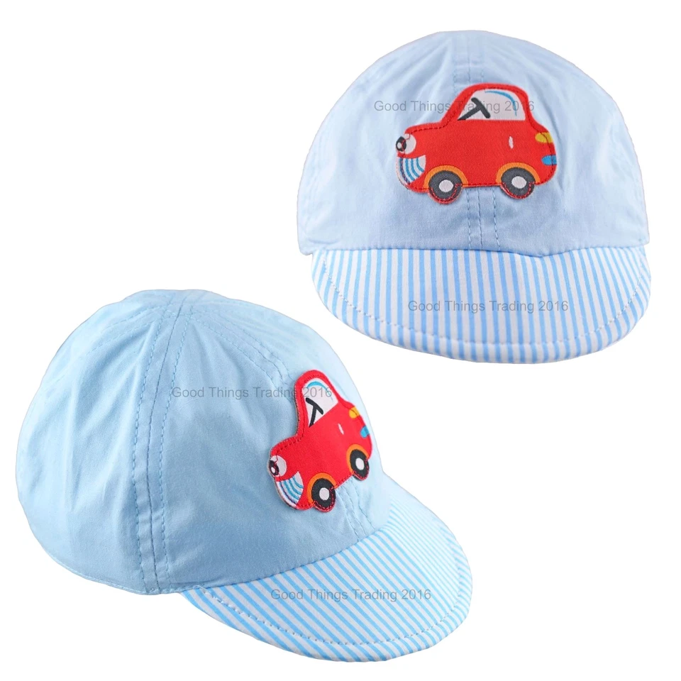PESCI BABY Baby Sun Hat Boys Cap Summer Beach Hat Cotton Blue Red Car Striped Brim 0-3 3-6M