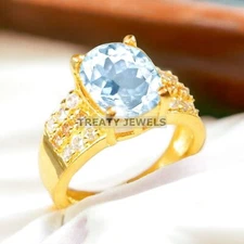 Aquamarine Oval Cut With 925 Sterling Silver Gold Plated Ring For Men's #A182