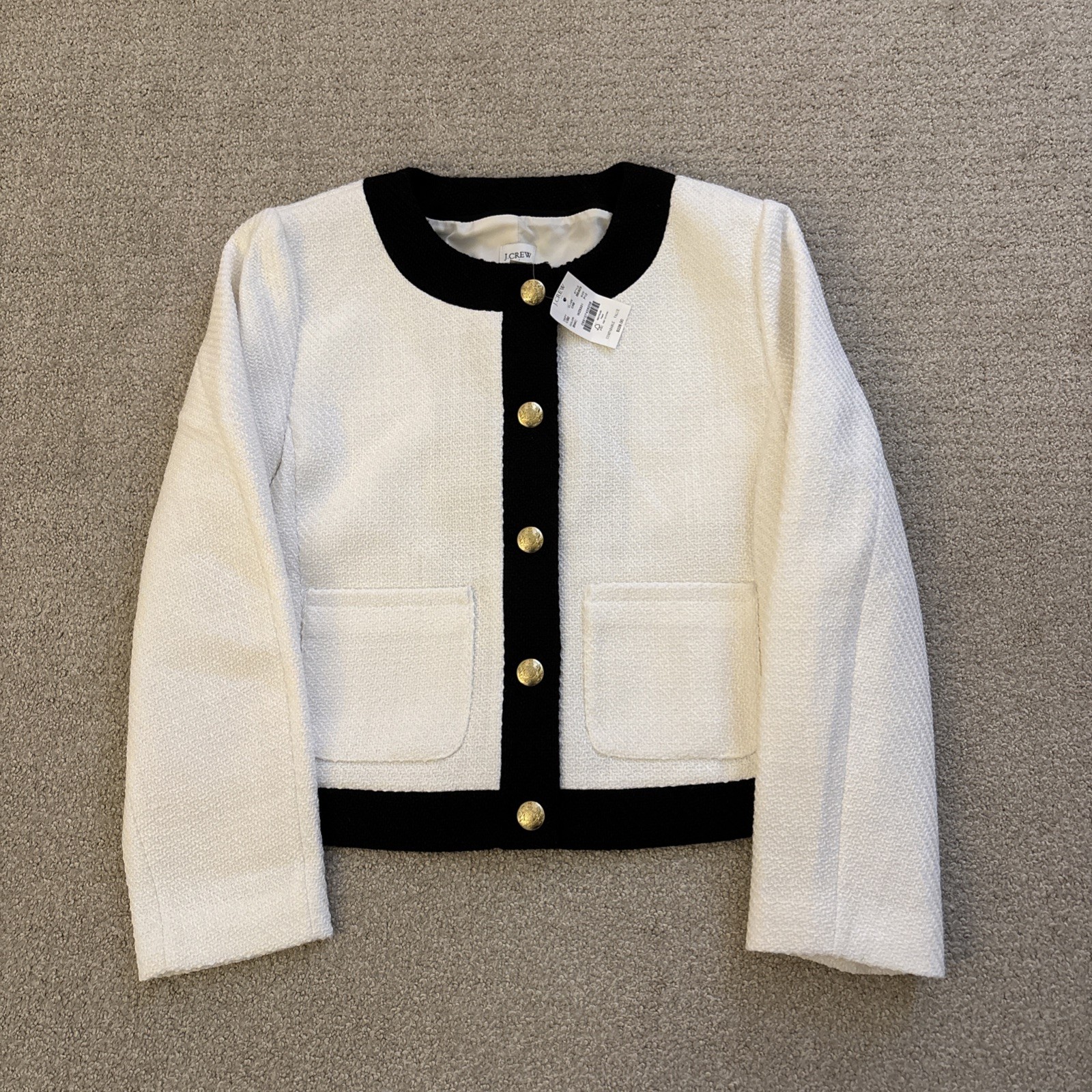 J Crew Isabelle Tweed Lady Jacket Color White and Black Sz 12P Gold Buttons NWT