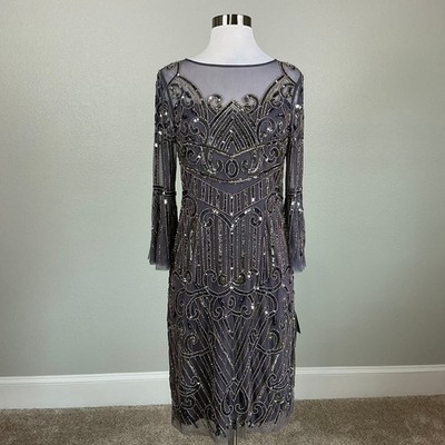 chinese dress ladies Long Sleeve Illusion Floral Beaded Midi Dress In Midnight
