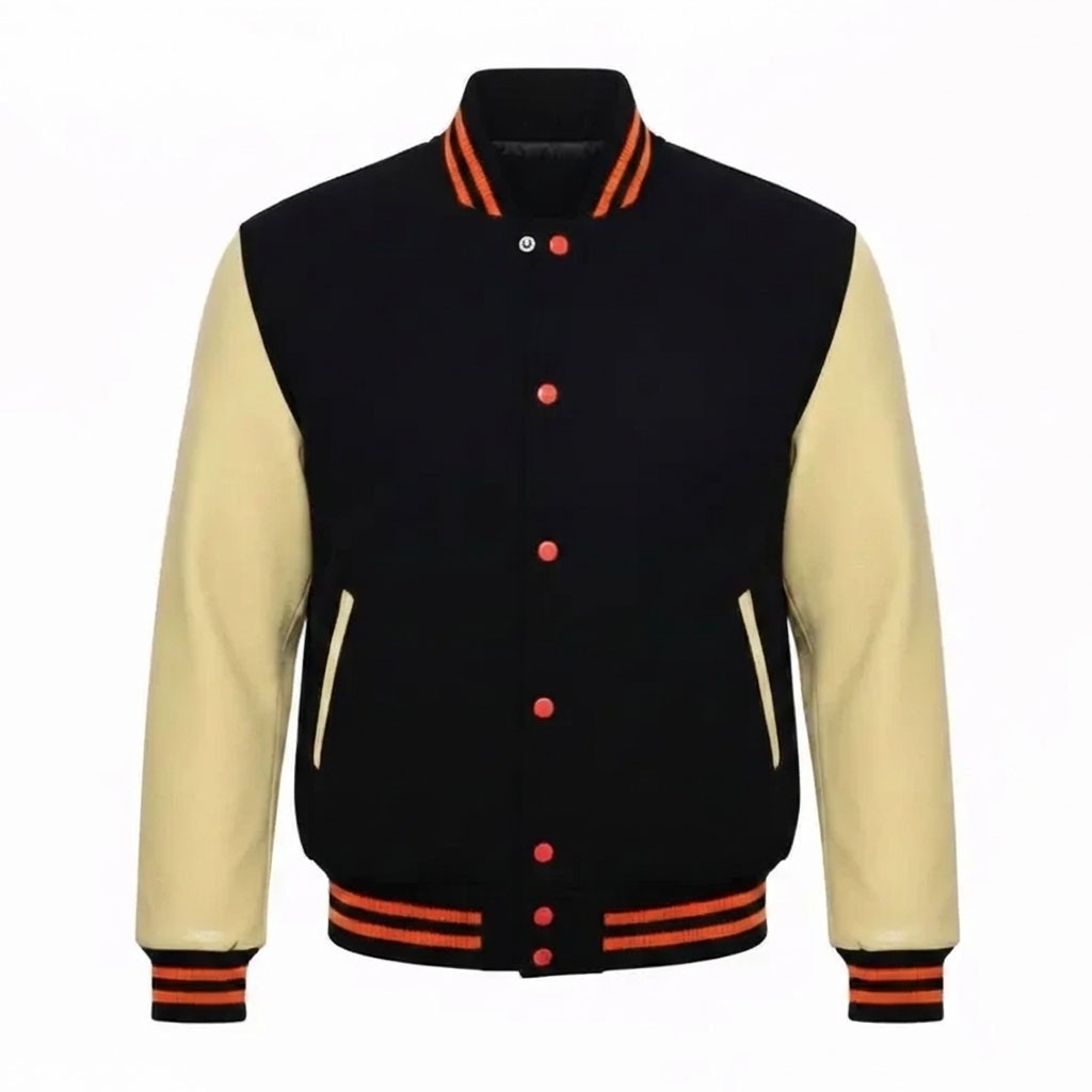 Men's Black Wool Varsity Jacket with Cream Wool Sleeves Crea