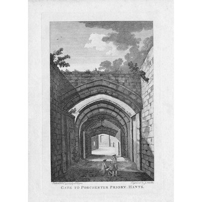 Gate to Porchester Priory, Hampshire - antiker gravierter Druck 1785
