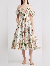 NEW ELIZA J Off-th-Shoulder Floral Midi ivory multi Dress sz 14