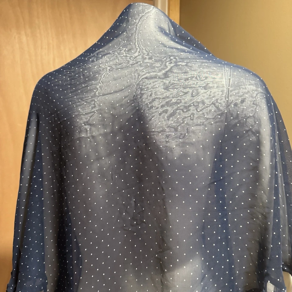 Vtg Crazy Horse Liz Claiborne Navy Blue Polka Dot Fringed Shawl Wrap Scarf Sheer - Image 3 of 4