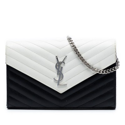 Saint Laurent Bicolor Grain De Poudre Chevron Monogram Envelope Chain Wallet