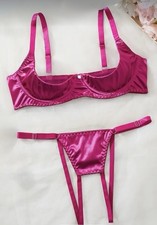 Womans Sexy Hot Pink Silky Feel Thong & Wired Quarter Cup Bra Set size 1XL 18