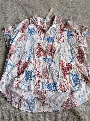  B2G1  Jane and Delancey White Button-Down Shirt with Red and Blue Coral Print