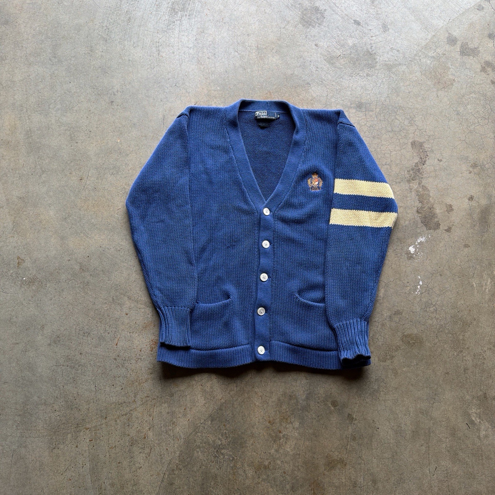 Vintage 90s Polo Ralph Lauren Blue Cardigan Sweater Striped Sleeve Size Medium