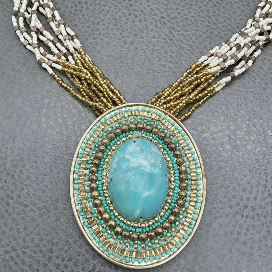 Chico's Multistrand Seed Bead Statement Necklace Turquoise Pendant Gold Tone - Image 3 of 4