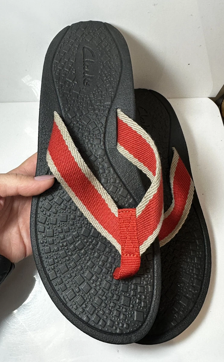 NEW Womens CLARKS Comfort Strippers Red White Flip Flops Sandals