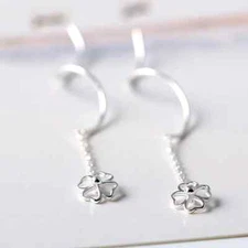 Solid 925 Sterling Silver Four Leaf Clover Long Tassel Threader Dangle Earrings