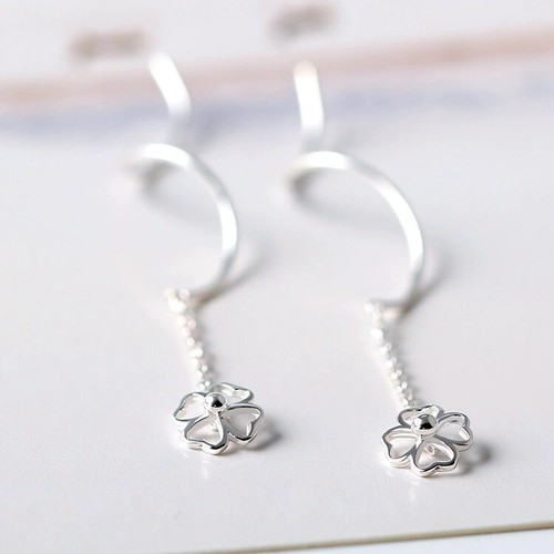 Solid 925 Sterling Silver Four Leaf Clover Long Tassel Threader Dangle Earrings - 第 1/8 張圖片