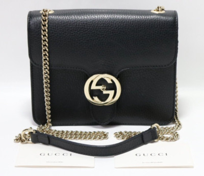 GUCCI GG Dollar Interlocking G Crossbody Leather Shoulder Chain Bag Black - READ