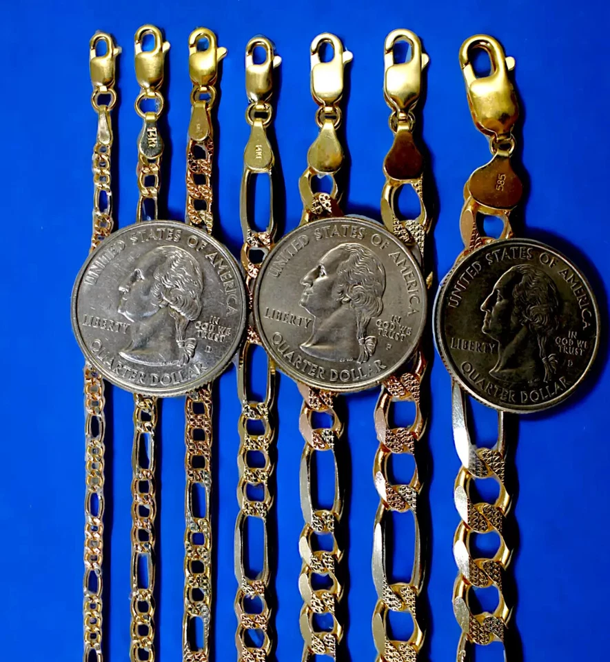 Brazalete Cadena Figaro SÓLIDO Oro Tri Color 14K Corte Diamante 2mm-8.5mm 7"-9" Foto 3 de 4