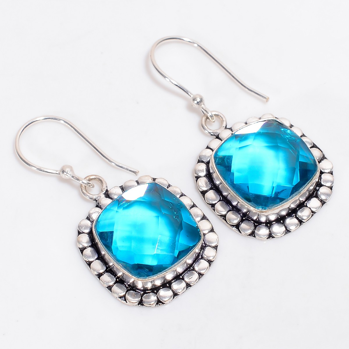 Lab Created Swiss Blue Topaz Gemstone 925 Silver Handmade Earrings