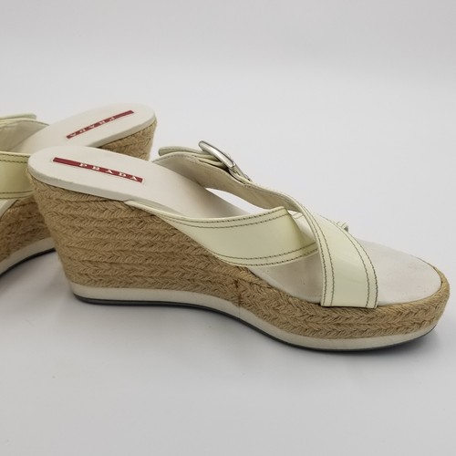 VNTG Prada Slip On Espadrille Wedges Sandals Women 38 US 7.5 Patent Cream/White - Picture 9 of 14