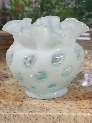 Vintage Fenton Glass Blue Opalescent Coin Dot Vase Bowl Ruffled Rim ...