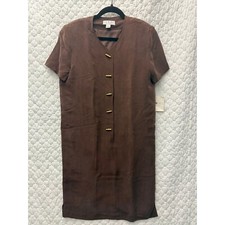 Shomi by Miller Shor Brown Gold Buttons 100% Silk Dress Size 8