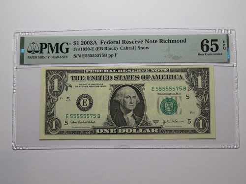 $1 2003 Near Solid Serial Number Federal Reserve Bank Note Bill UNC65 #55555575
