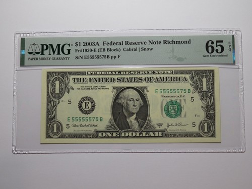 $1 2003 Near Solid Serial Number Federal Reserve Bank Note Bill UNC65 #55555575 - Picture 1 of 3