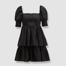$395 Alice + Olivia Womens Black Emmalou Puff-Sleeve Tiered Mini Dress Size 0