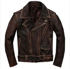 Men's Vintage Motorcycle Distressed Riding Biker Thick Cowhide Leather Jacket