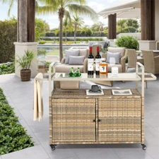 Outdoor Bar Table, Wicker Bar Cart with Cabinet, Patio Serving Cart for Garden B