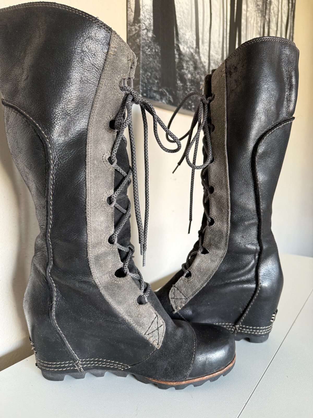 SOREL Cate The Great Wedge 8 Tall Black Waterproof Boots Lace Up EUC Rare