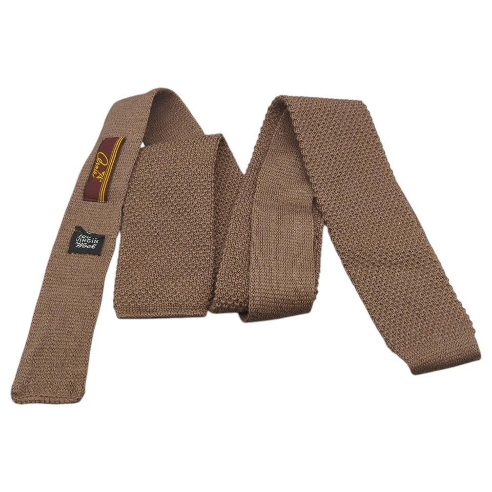 Hand Knit Ties Virgin Wool Brown Square End Narrow Skinny Arnie Vintage Preppy - Image 2 of 4