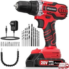 20V MAX Cordless Power Drill Kit 22pcs Bits 2 Speed 3/8 Keyless Chuck LED Light