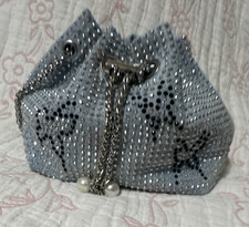Women  s Blue Small Rhinestone Butterfly Bucket Drawstring Bag Silver Chain Strap