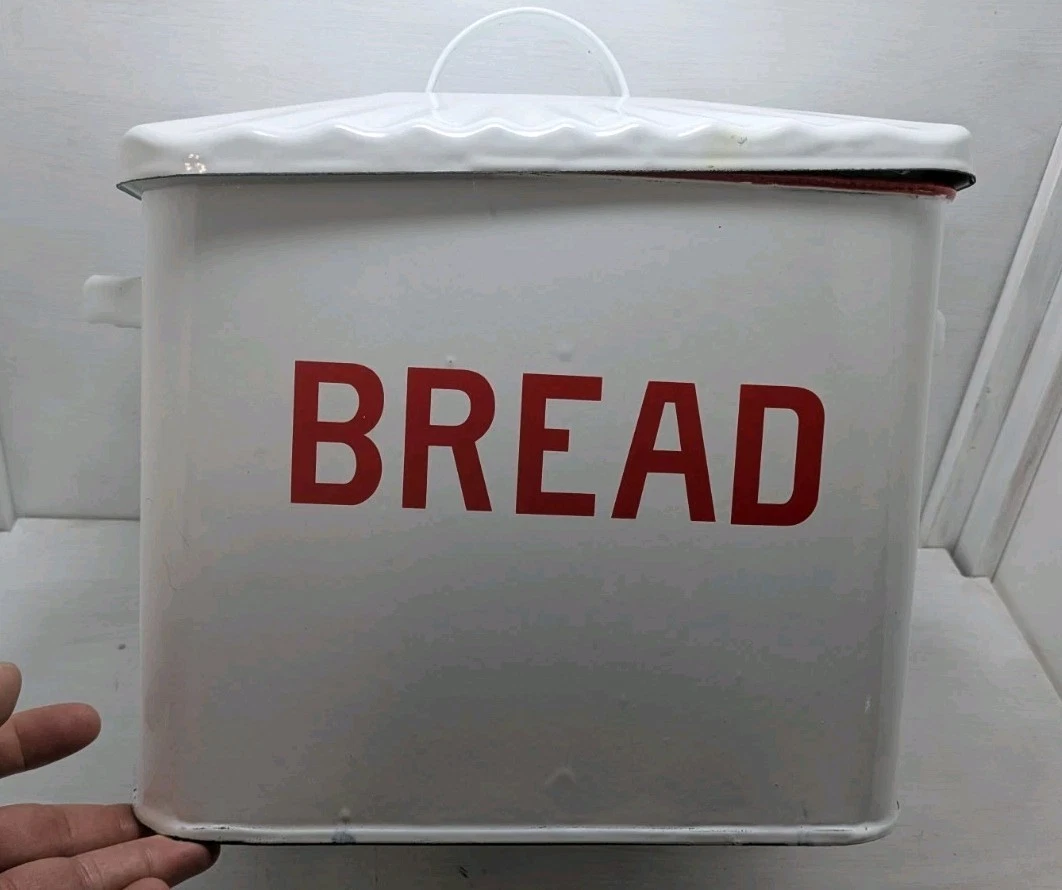 Distressed White Metal Bread Box with Lid Red Lettering