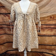 Shein Womens Beige Short Puff Sleeve Daisy Print Mini Dress Size L